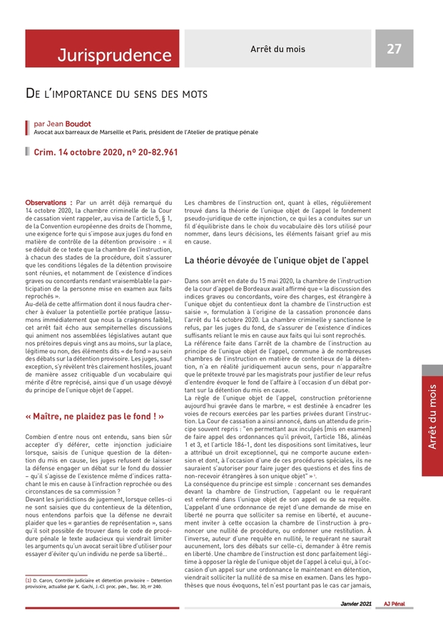 AJ pénal janvier 2021 : de l'importance du sens des mots