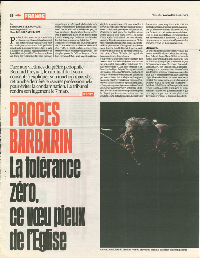 Libération | Article sur l'affaire Barbarin page 1